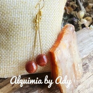 Carnelian and gold dangle long earrings